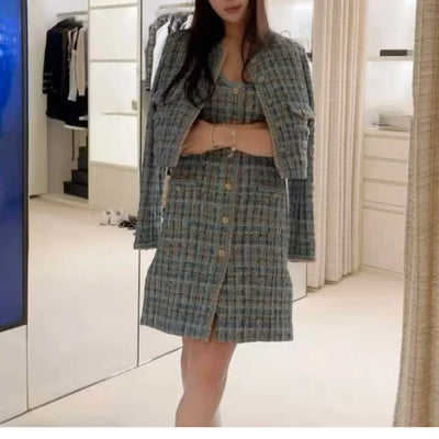 Autumn 2025 New Sle Blue een Tweed round Ne Single Button ort Quilted Jaet Women's Faion Outerwear Small Fraanc...