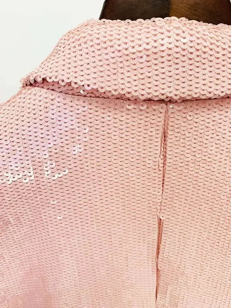 DEAT Fashion Women's Blazer Notched Collar Double Breasted Sequins Full Sleeves Pink Suit Jackets Autumn 2025 New Tide 7AB643