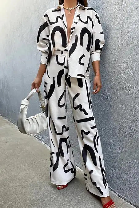 Women Clothing 2024 Autumn New Fashion Print Set Casual Button Collar Shirt Long Sleeved Wide Leg Pants Long Pants Two-piece Set