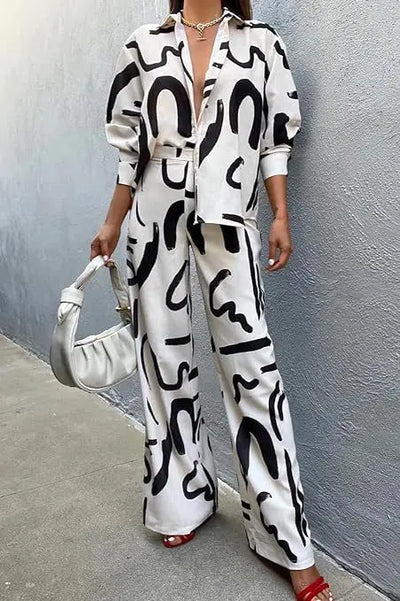 Women Clothing 2024 Autumn New Fashion Print Set Casual Button Collar Shirt Long Sleeved Wide Leg Pants Long Pants Two-piece Set