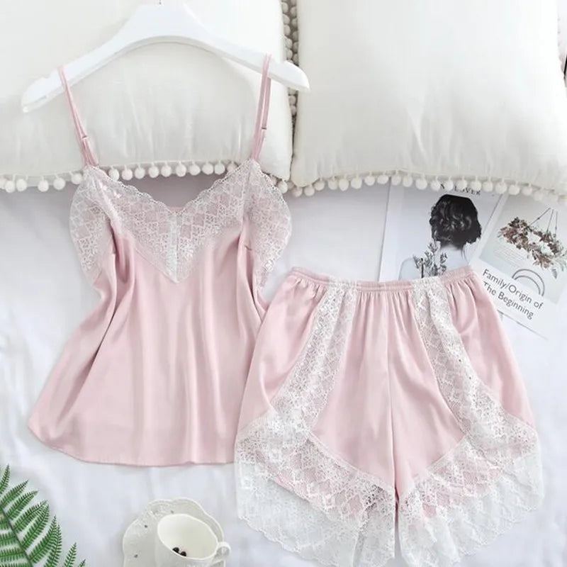 Women's Sleepwear Set Sexy Lace Trim Sleeveless Camisole Shorts Pajama Sets Summer Two Piece Nightwear Loungewear for Women ﻿