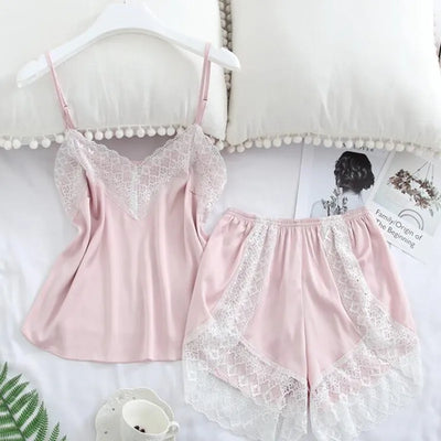 Women's Sleepwear Set Sexy Lace Trim Sleeveless Camisole Shorts Pajama Sets Summer Two Piece Nightwear Loungewear for Women ﻿