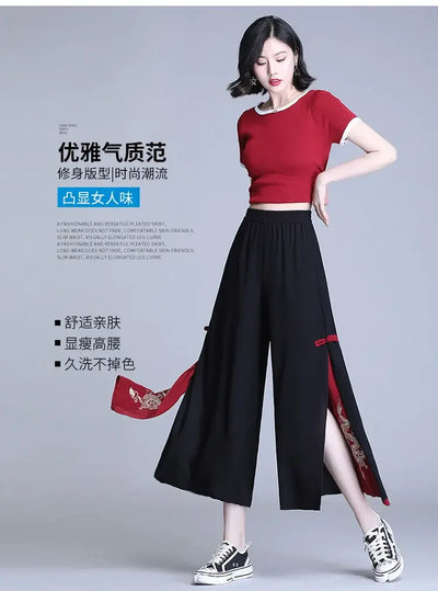 Fashion Women Trousers High Waist Wide Leg Pants Chiffon Slit Culottes Cheap Wholesale Elastic Waist Cropped Pants Free Shipping