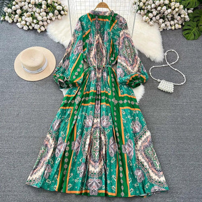 Retro Elegant Sashes O Neck Single Breasted Print Dresses Long Lantern Sleeves A-line Casual High Waist Women Autumn Clothing
