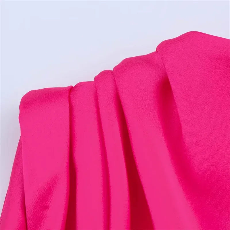 Women's Dress New Summer 2025 Rose Red Silk Satin Textured Sleeveless Midi Dress Asymmetrical Design Elegant temperament