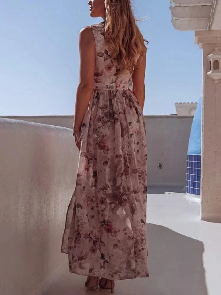 Summer Women Dress Floral Print Fashion Slim V-Neck Tie-Up Backless Chiffon Sexy Sleeveless Slit Maxi Cover-Ups Robe Beach Dress