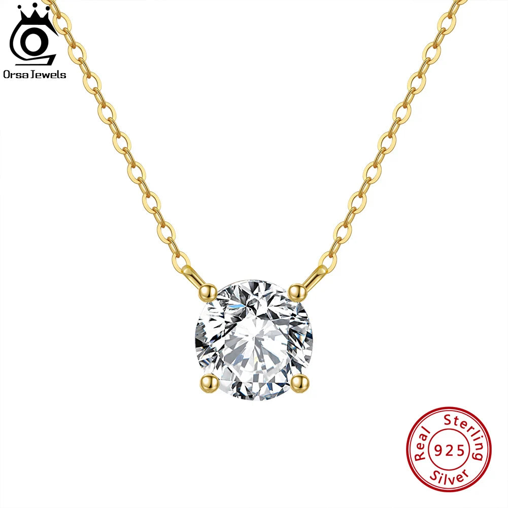 ORSA JEWELS 925 Sterling Silver Dainty Necklace for Women 14K Gold Plated Round Brilliant Cut Solitaire Pendant Necklace APN13