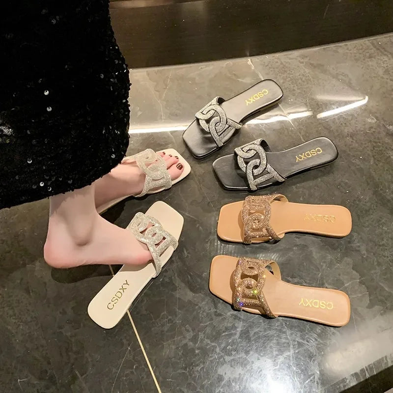 Summer Sandals for Women Flat Sandal Sparkle Rhinestone Slide Trendy Women's Beach Sparkly Dressy Slip on Bling Casual Shoes