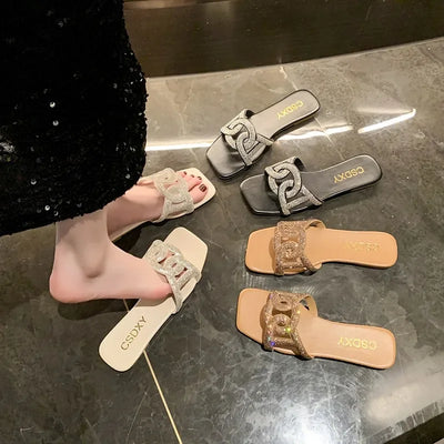 Summer Sandals for Women Flat Sandal Sparkle Rhinestone Slide Trendy Women's Beach Sparkly Dressy Slip on Bling Casual Shoes