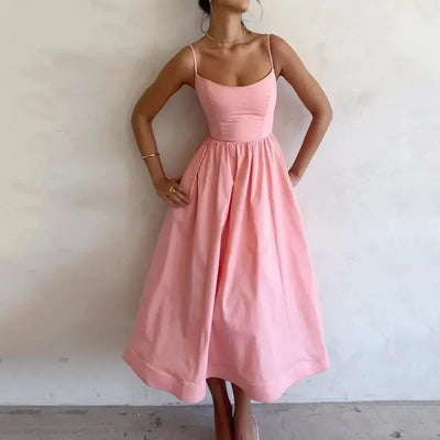 Women's Off The Shoulder Midi Dress 2024 Summer New Solid Color Sexy U-Neck Strap Large Swing Dress For Women Vestidos De Mujer