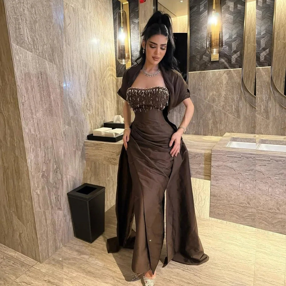 Customized Pleat Sequined Sheath Strapless Midi Dresses Bespoke Occasion Evening Fashion Formal High Quality