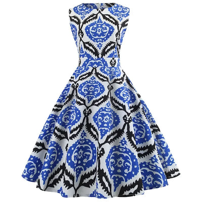 Women's Summer Sleeveless Midi Dress Green Leaf Print O-Neck Retro Vintage Party Robe Casual Elegant Female Clothing