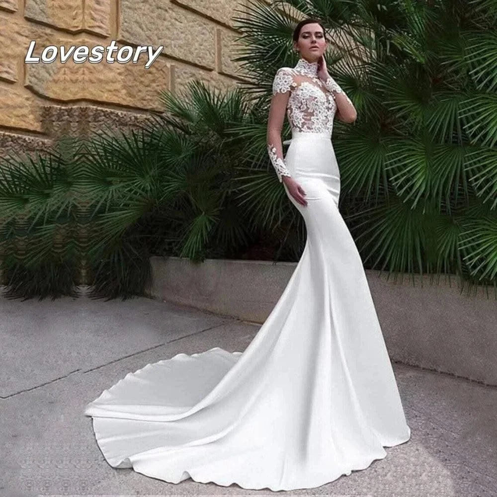 Custom Wedding Dresses High Neck Mermaid Bride Robe