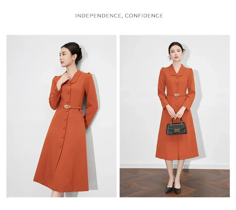 Dresses For Women 2024 Luxury Brand Autumn Long Dress Women's Turn-down Collar Sleeves Single Breasted Sashes Office Lady