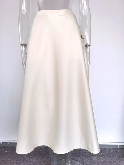 Vintage Elegant Style Lady Solid A-line High Waist Office Casual Wear Women Midi Skirt