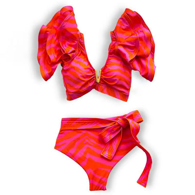 Swimwear High Waist Bikinis with Belt V Neck Shirring Swimsuit Women Ruffle Bathing Suit y2k Drawstring Beachwear