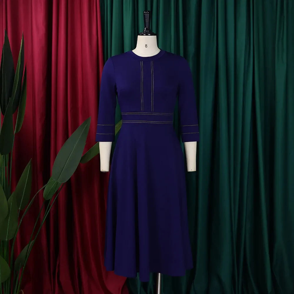 Elegant Dresses for Women Party 2024 Luxury O Neck 3/4 Sleeve High Waisted Pleated A Line Bridesmaid Midi Calf Birthday Dress