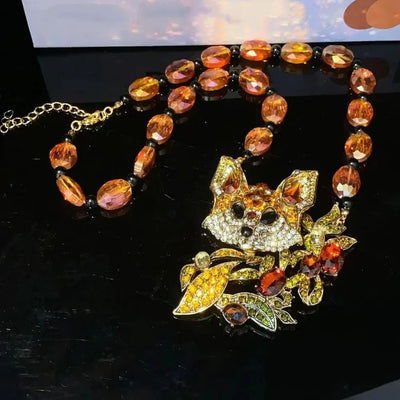 Luxury Crystal Cat Necklace Earrings Beaded Exaggerated Rhinestones Pendant Necklace Accessories Neck Jewelry