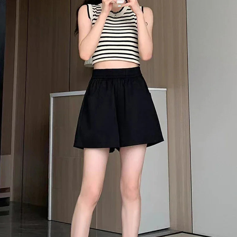 Women's 2025 Cargo Shorts High-Waisted Korean A-Line Wide Leg 3-Inch Summer Shorts Loose Casual Streetwear with Adjustable Waist