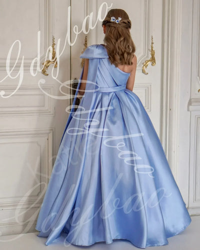 Sky Blue Satin Flower Girl Dress For Wedding One Shoulder With Bow Princess Kids Birthday Party First Communion Ball Gowns