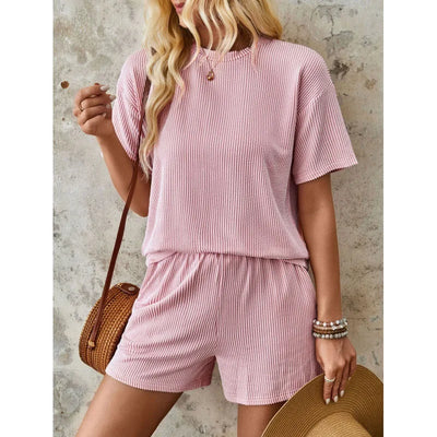Women's clothing 2025 summer short-sleeved wavy crew neck top, elastic waist shorts two-piece set
