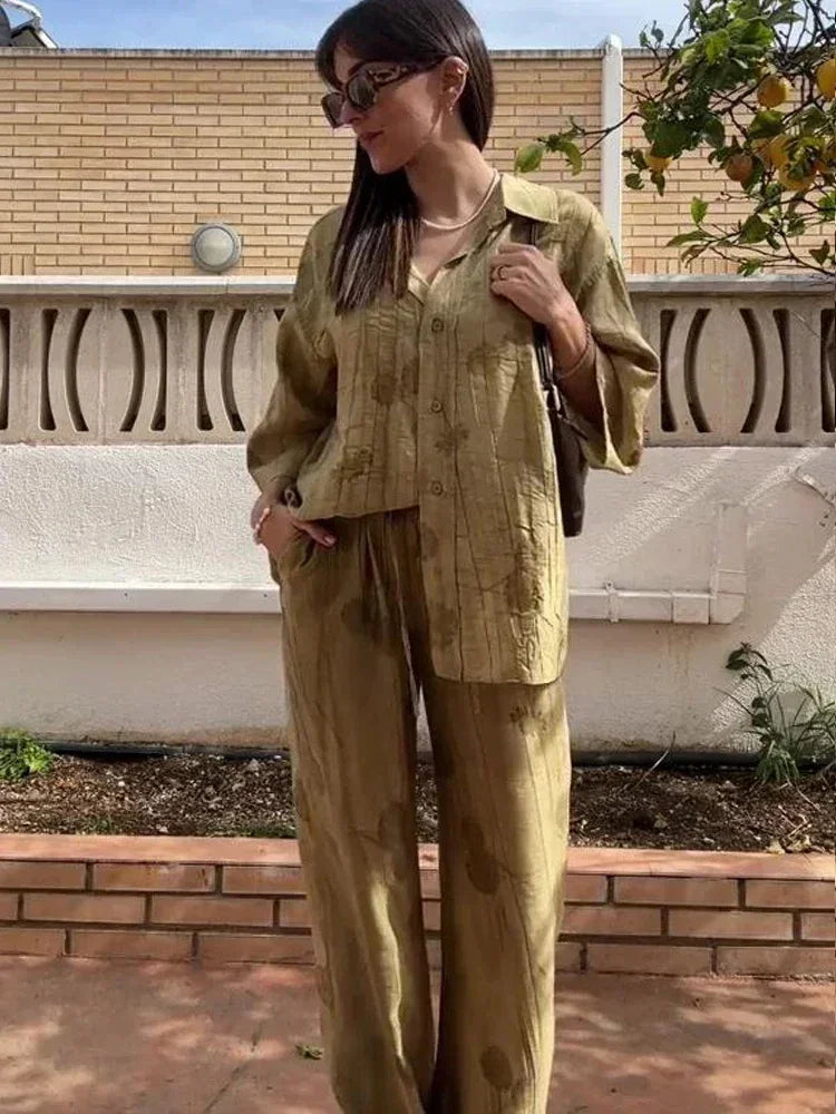 Women's Jacquard Oversized Shirt Trousers Short Sleeves Suit Lapel Shirt High Waist Elastic Straight Leg Pants Chic Female Set