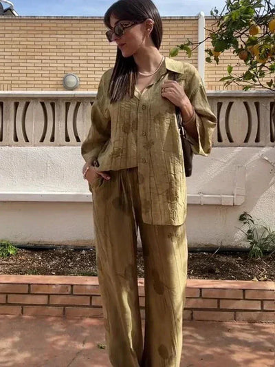 Women's Jacquard Oversized Shirt Trousers Short Sleeves Suit Lapel Shirt High Waist Elastic Straight Leg Pants Chic Female Set