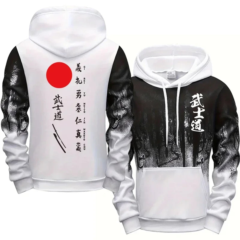 Bushido Printed Hoodies for Men All Season Daily Casual Sporty Pullover Japanese Fashion Ink Splash Design Hooded Sweatshirts