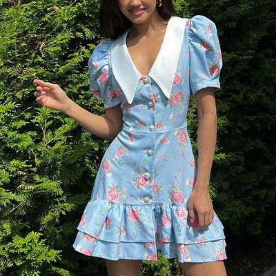 Floral Ruffles Women Dress French V Neck Puff Sleeve Summer Slim Sweet Mini Dress Fresh Chic High Waist A Line Elegant New Dress
