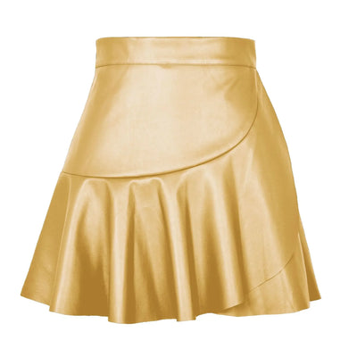 Women Ruffle High Elastic Waist PU Leather Skirts Summer Lady Irregular Clubwear Vestidos LDY-WW5529