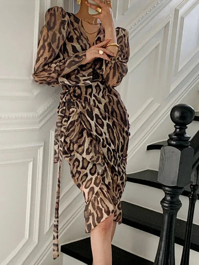 New Fashion Leopard Print Casual Dresses for Women Sexy V-Neck Chicly Lace-Up Slim Waist Basic Long Sleeve Simple Female Dresses