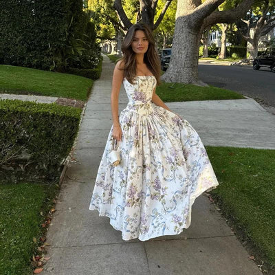 Elegant Women Summer Dresses Floral Printing Strap Backless Sleeveless High Waist Pleated A-line Party Vestidos Chic lady outfit