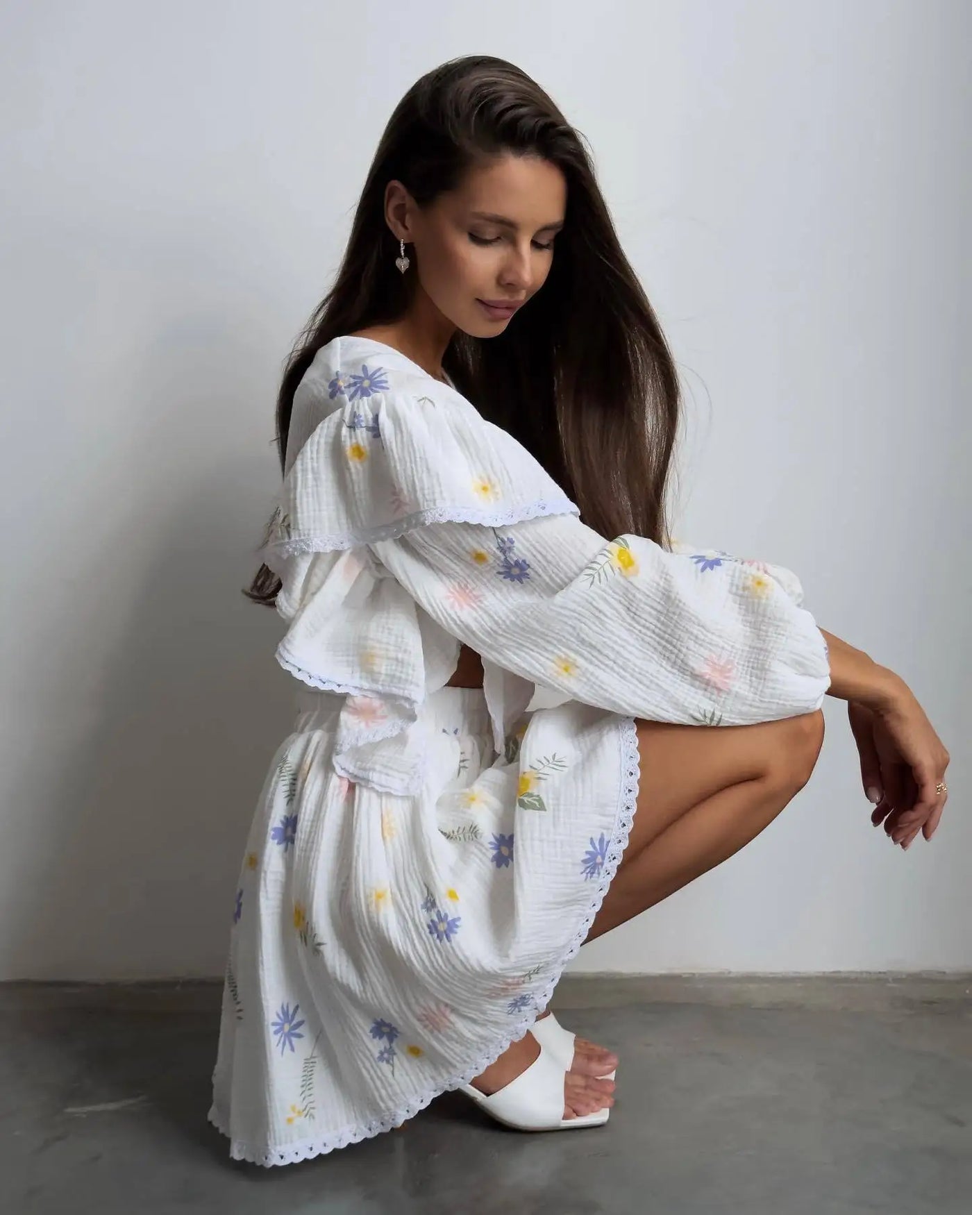 Women Cotton Linen Print Loose Suit Women Lantern Sleeve Ruffles V-neck Patchwork Single-Breasted Top High Waist Mini Skirt Suit