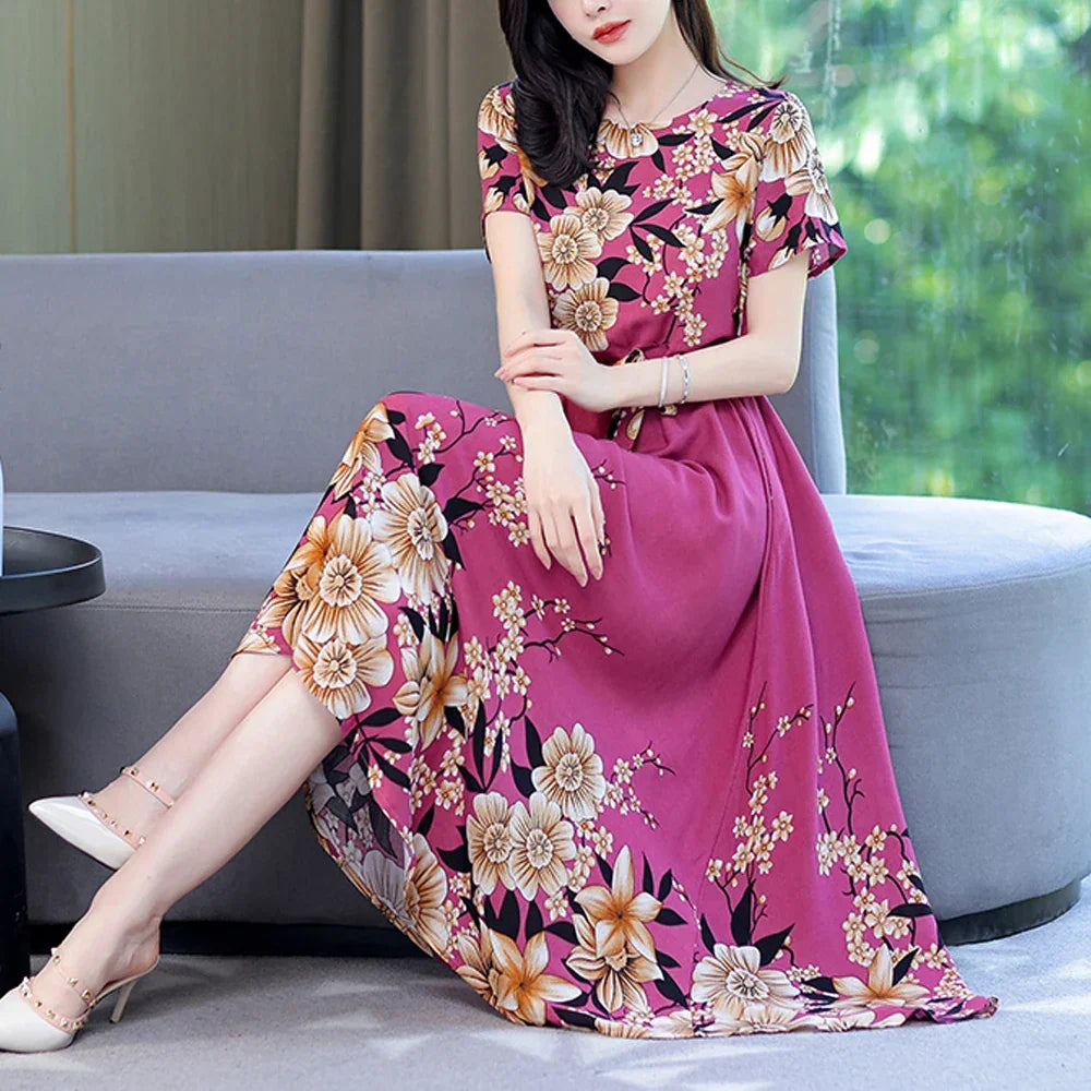 New Fashion 2024 Print Summer Dresses For Women Short Sleeve O-Neck Elegant Summer Dress Woman Clothing