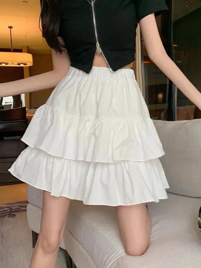 Pleated A-Line Skirt Women White Ruffle Sweet Tierred Pretty Style Skirt Elastic Waist Summer Slim Basic Korean Harajuku Dress