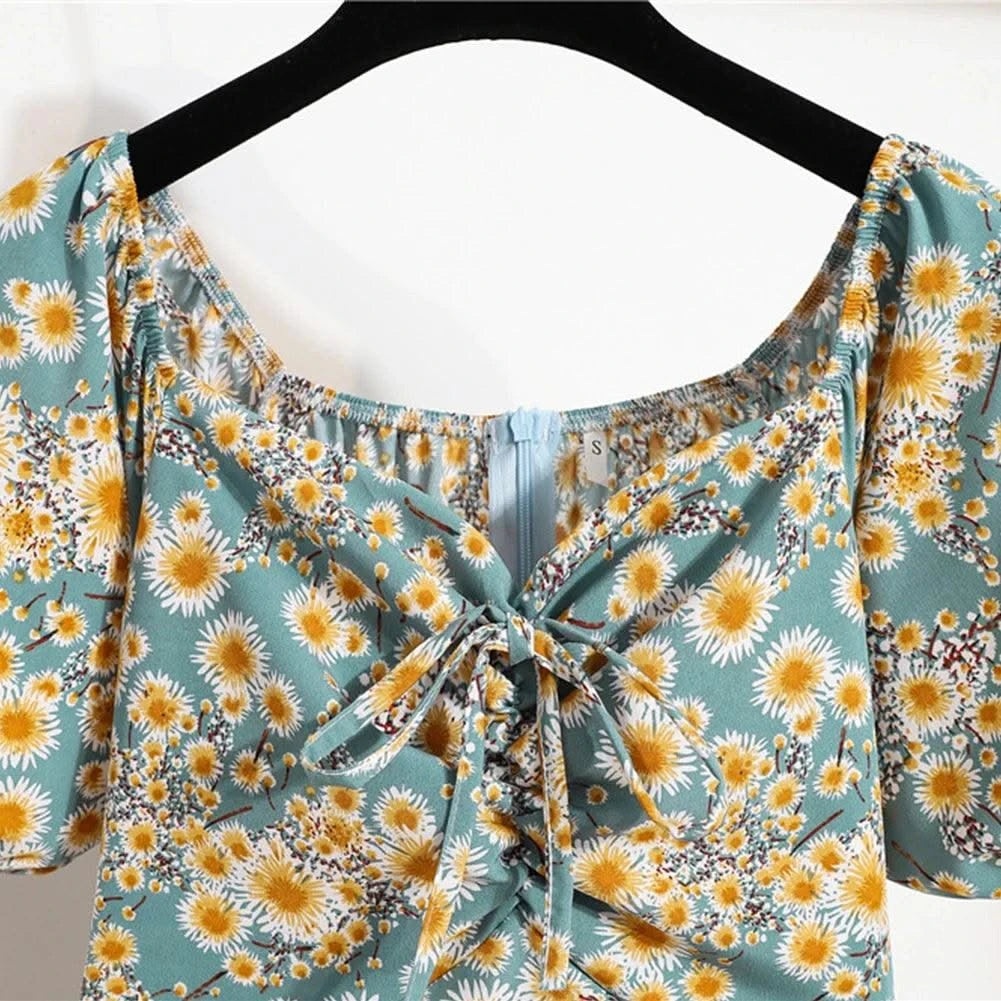 Women Mini Dresses Summer Fashion Female Vestidos Print Floral Chiffon Dresses Shirring Pleated Short Puffy Sleeve Casual Dress