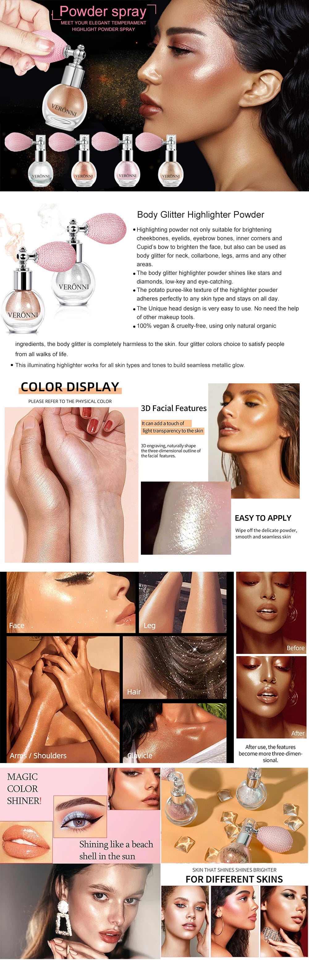 High Gloss Body Diamond Shimmering Spray Powder Highlight Powder Makeup Suitable for Facial and Body Skin Hair Clothes Cosmetics