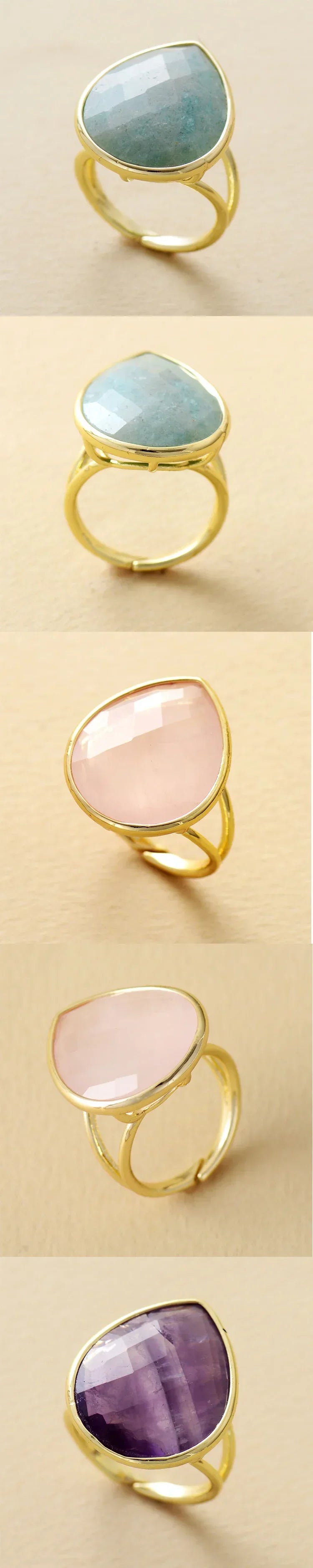Trendy Waterdrop Big Stone Amethysts Rose Quartz Finger Rings Adjustable Designer Woman Cocktail Ring Wedding Jewelry