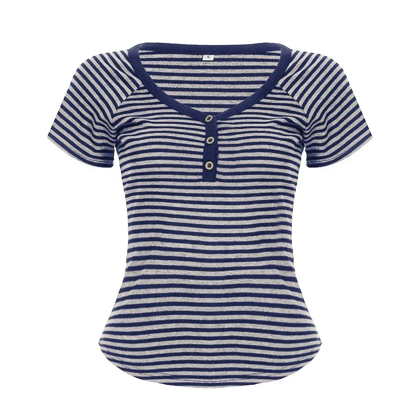 Korean Style Stripe Patchwork Women T-Shirts Short Sleeves Slim Fit Simple Causal Office Lady Clothing