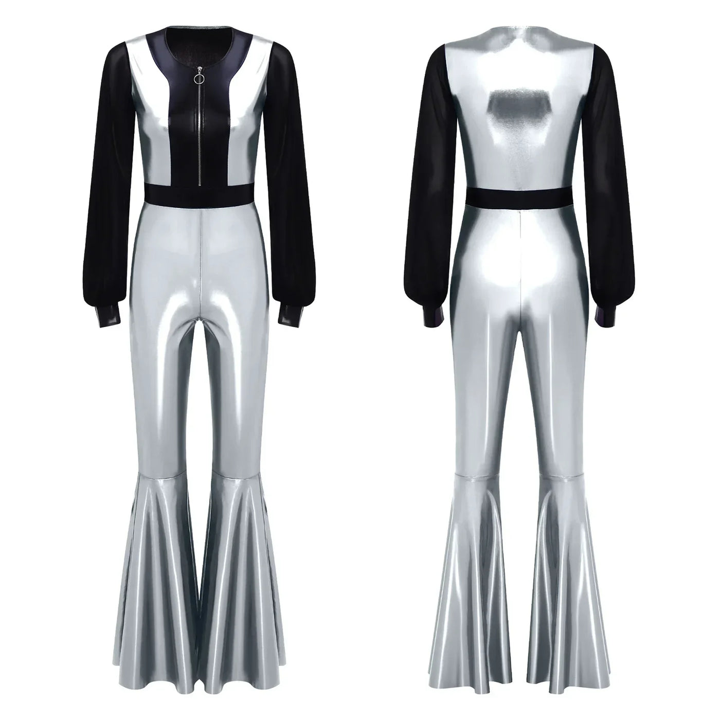 Womens Vintage 70s 80s Disco Dance Jumpsuit Mesh Long Sleeve Bell Bottom Pants Metallic Shiny Rompers Bodysuit Halloween Costume