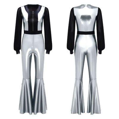Womens Vintage 70s 80s Disco Dance Jumpsuit Mesh Long Sleeve Bell Bottom Pants Metallic Shiny Rompers Bodysuit Halloween Costume