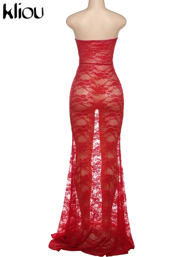 kliou Lace Patchwork Women Maxi Dress Sexy Coquette Drawstring Wrapped Chest Body-shaping Vestidos Female Stunning Clubwear Robe