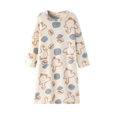 Autumn Winter Wearable Outdoors Loungewear Women Flannel Long Sleeve Cartoon Pullover Nightgown Lady Style Female Sleepwear