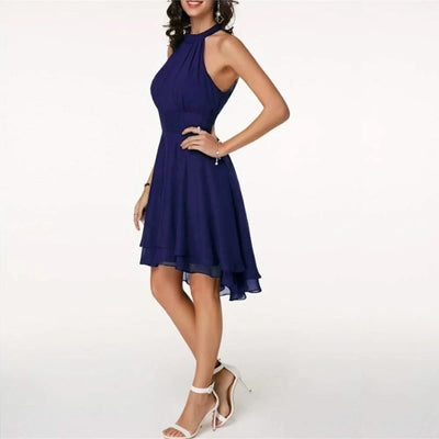 Women Elegant Dress Summer Solid High Waist Halter Sleeveless Midi Dresses Ladies Cropped Layered Chiffon Party Slim Dresses