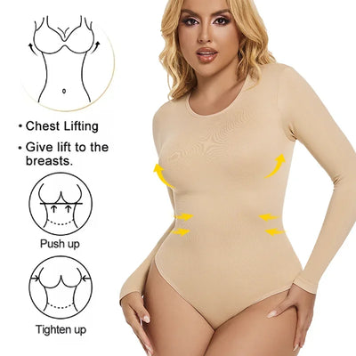 Women Full Body Shaper Long Sleeve Round Neck Shapewear Slimming Breathable Bodysuit Seamless Tummy Control Waist Trainer Corset