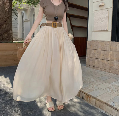 2025 New High Waisted Cotton Linen Pleated Midi Skirt – Summer Flowy A-Line Maxi Skirt for Women, Breathable & Elegant