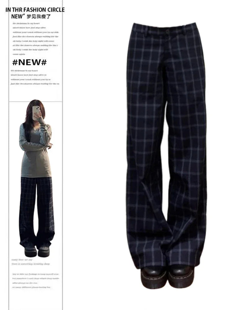Women Plaid Long Trousers Straight Pants Y2K Streetwear Japanese Harajuku Grunge 2000s Korean Fashion Long Trousers Pantalones