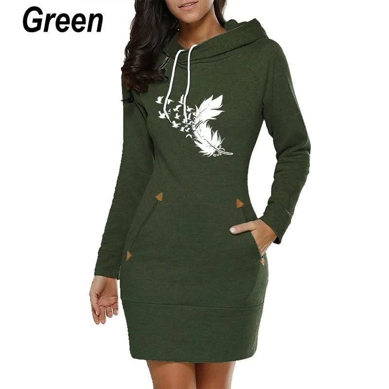 Women Hoodie Dress Sweatshirt Pullover Dress Autumn Winter Feather printed Long Sleeve Slim Pocket Hoodie Dress