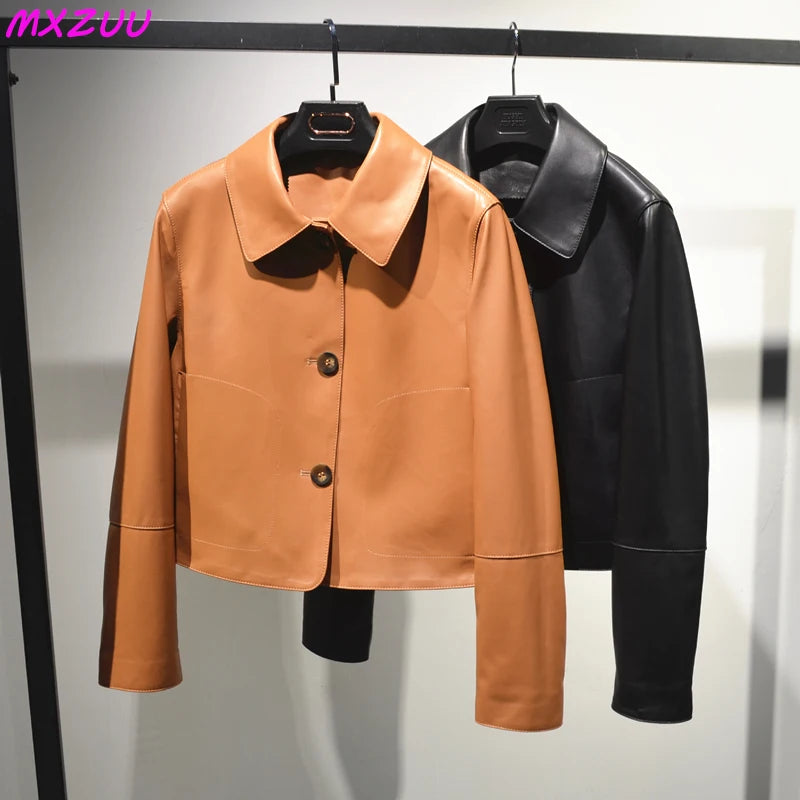Women's Sheepskin Short Tops Harajuku Fashion Jassen Dames Slim Jaqueta De Couro Legítimo Square Collar Trendy Streetwear Coat
