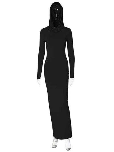 Hooded Long Dress For Women Y2k Clothes Sexy Streetwear Long Sleeve Bodycon Vestidos De Mujer Solid Robe Femme Été Back Split